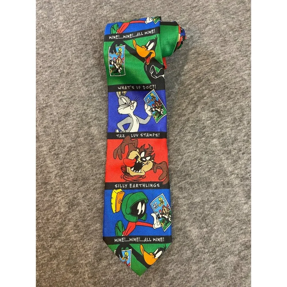 Vtg Looney Tunes 1997 Stamp Collection Neck Tie Bugs Bunny Taz Marvin Daffy Duck